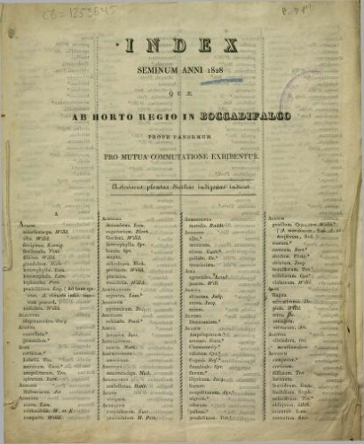 Index seminum Horto Regio in Boccadifalco ... 1828