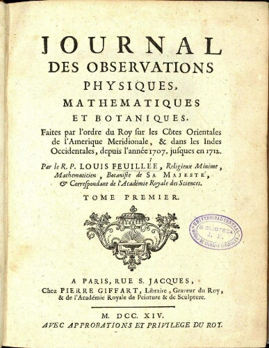 Journal des observations physiques, mathematiques et botaniques [...] Tome premier