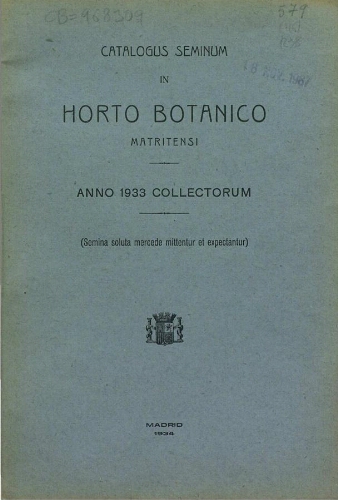 Index seminum in Horto Botanico Matritensi ... 1933