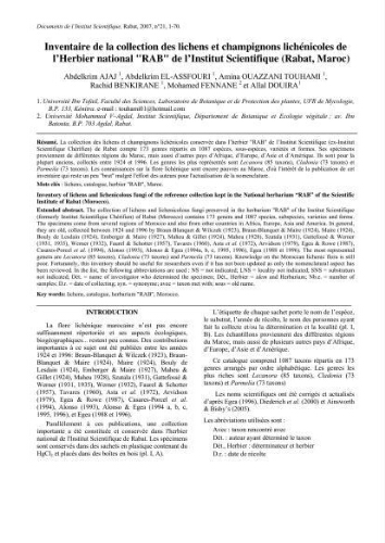 Inventaire de la collection des lichens et champignons lichénicoles de l'Herbier national "RAB" de l'Institut Scientifique (Rabat, Maroc)
