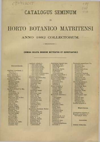 Index seminum in Horto Botanico Matritensi ... 1882