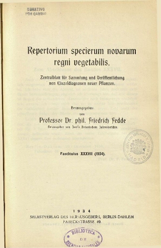 Repertorium specierum novarum regni vegetabilis [...] Fasciculus XXXVII (1934)