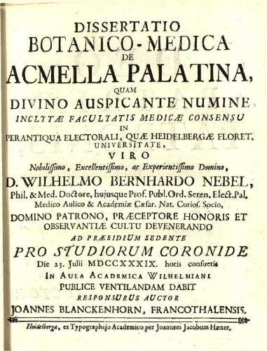 Dissertatio Botanico-Medica de Acmella palatina