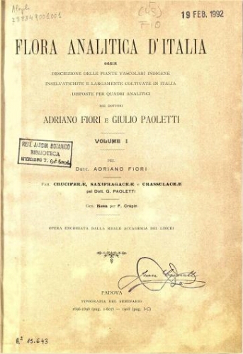 Flora analitica d'Italia [...] Volume I