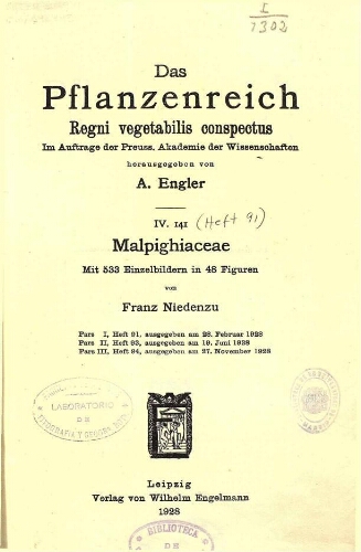 Malpighiaceae Pars I. In: Engler, Das Pflanzenreich [...] [Heft 91] IV. 141