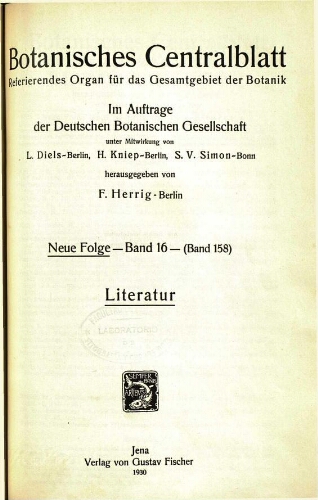 Botanisches Centralblatt. Referierendes Organ für das Gesammtgebiet der Botanik [...] Neue folge -- Band 16 -- (Band 158). Literatur