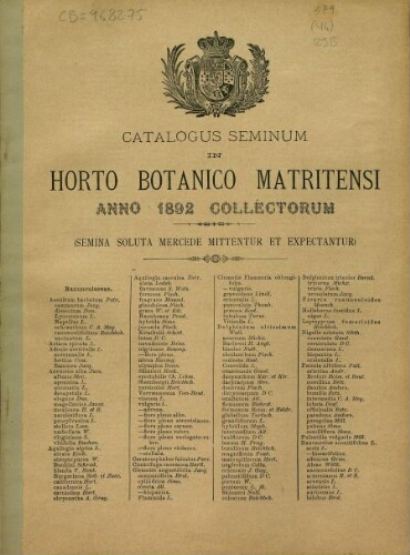 Index seminum in Horto Botanico Matritensi ... 1892