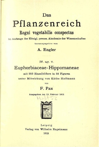 Euphorbiaceae-Hippomaneae. In: Engler, Das Pflanzenreich [...] [Heft 52] IV. 147. V