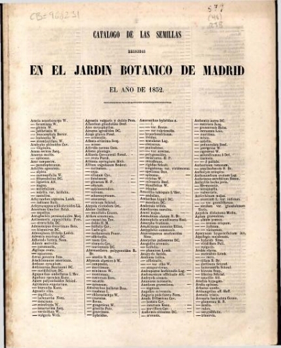 Index seminum in Horto Botanico Matritensi ... 1852