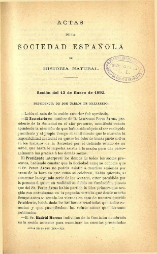 Actas de la Sociedad Española de Historia Natural [año 1892]