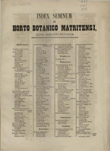 Index seminum in Horto Botanico Matritensi ... 1863