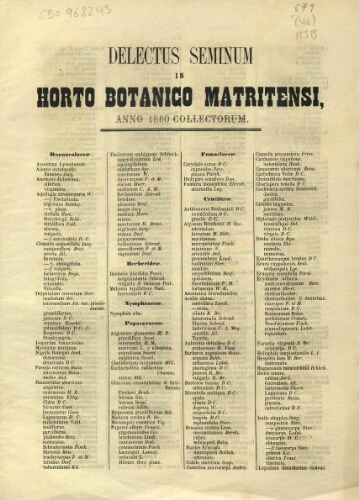 Index seminum in Horto Botanico Matritensi ... 1860