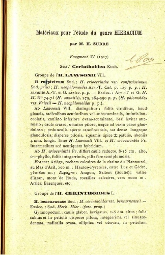 Materiaux pour l'étude du genre Hieracium [...] [Fragment VI (1917)]