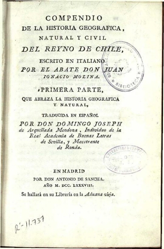 Compendio de la historia geografica, natural y civil del reyno de Chile [...] Primera parte