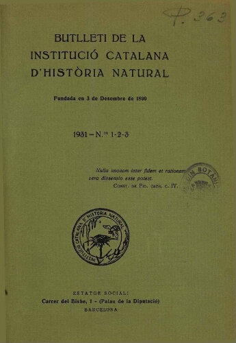 Butlletí de la Institució Catalana d'Història Natural [...] Vol. XXXI