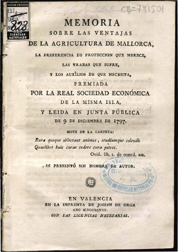 Memoria sobre las ventajas de la agricultura de Mallorca