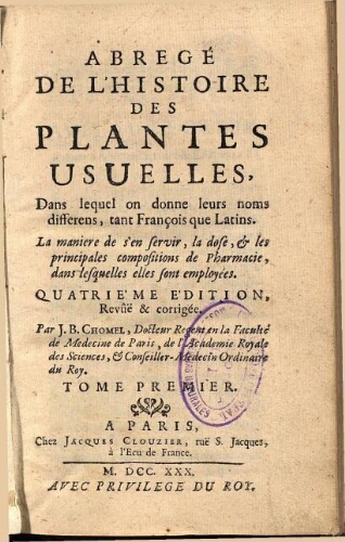 Abregé de l'histoire des plantes usuelles ; Quatrie'me édition [...] Tome premier