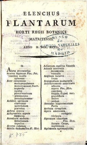 Elenchus Plantarum Horti Regii Botanici Matritensis. Anno M.DCC.XCVI