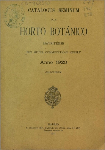 Index seminum in Horto Botanico Matritensi ... 1920