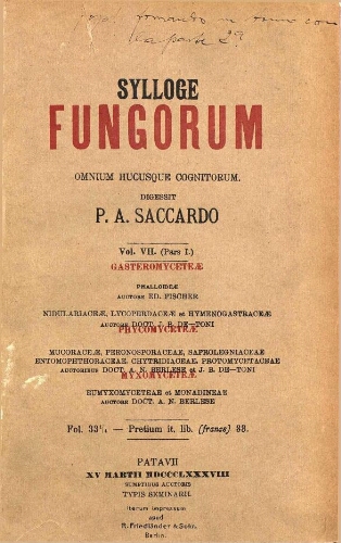 Sylloge fungorum [...] Vol. VII. Pars. I