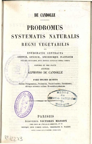 Prodromus Systematis Naturalis Regni Vegetabilis [...] Pars decima quarta sectio prior