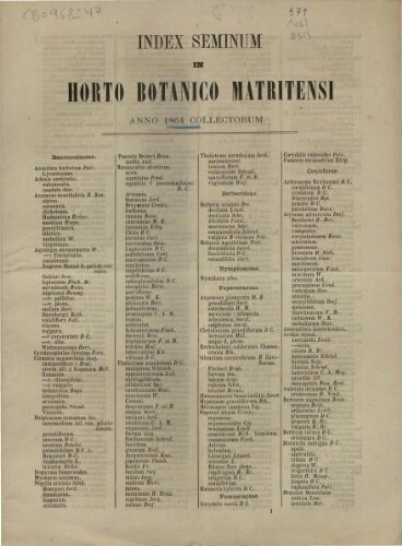 Index seminum in Horto Botanico Matritensi ... 1864