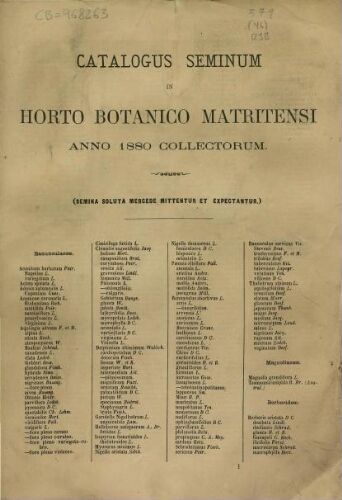 Index seminum in Horto Botanico Matritensi ... 1880