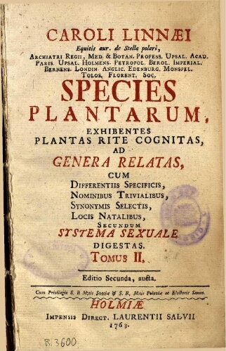Species plantarum [...] Tomus II. Editio Secunda