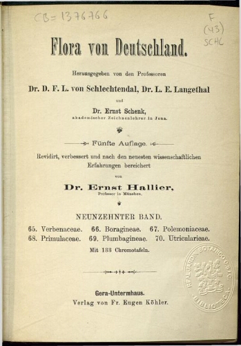 Flora von Deutschland. Band 19. Halbband 26-28: Verbenaceae. Boragineae. Polemoniaceae. Primulaceae. Plumbagineae. Utricularieae