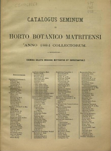 Index seminum in Horto Botanico Matritensi ... 1884