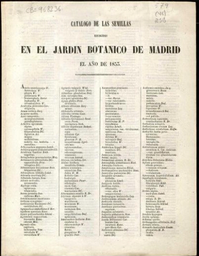 Index seminum in Horto Botanico Matritensi ... 1853