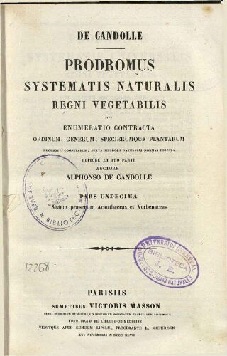 Prodromus Systematis Naturalis Regni Vegetabilis [...] Pars undecima