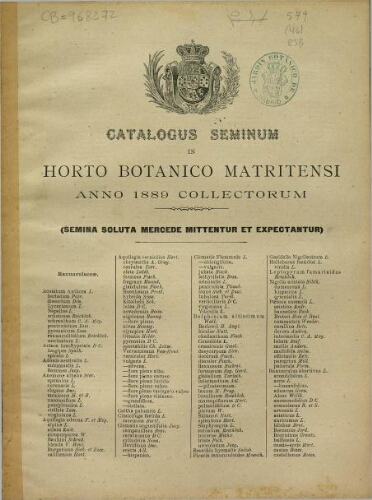 Index seminum in Horto Botanico Matritensi ... 1889