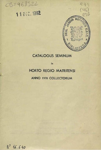 Index seminum in Horto Botanico Matritensi ... 1978
