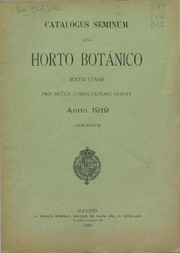 Index seminum in Horto Botanico Matritensi ... 1919