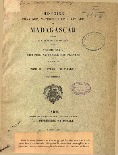Histoire physique, naturelle et politique de Madagascar [...] Volume XXXIV. Histoire naturelle des plantes. [...] Tome IV. Atlas II, 4e. partie