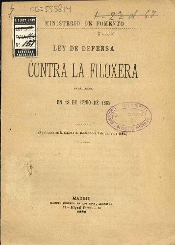 Ley de defensa contra la filoxera promulgada en 18 de junio de 1885