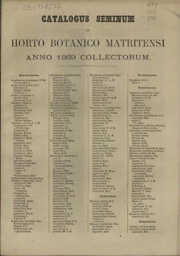 Index seminum in Horto Botanico Matritensi ... 1869