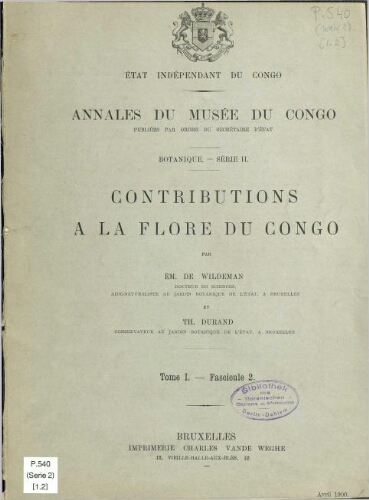 Annales du Musée du Congo (Belge). Série II. Botanique. Tome I -- Fasc. 2