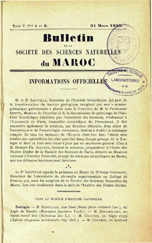 Bulletin de la Société des sciences naturelles du Maroc. T. 5