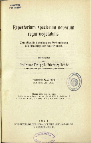 Repertorium specierum novarum regni vegetabilis [...] Fasciculus XXIX (1931)