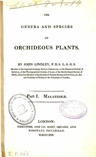 The genera and species of orchidaceous plants [...] Part I. Malaxideae