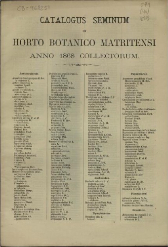 Index seminum in Horto Botanico Matritensi ... 1868