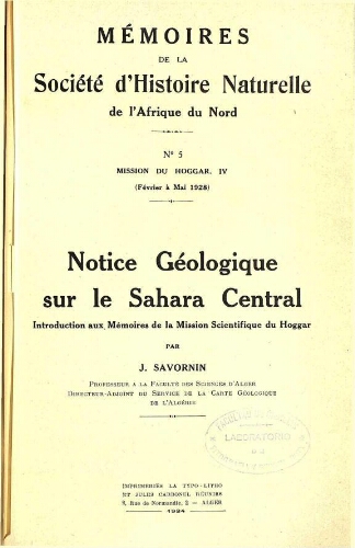 Mémoires de la Société d'histoire naturelle de l'Afrique du nord. Nº 5
