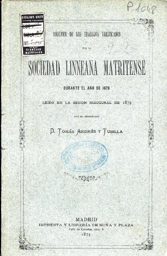 Resúmen de los trabajos verificados por la Sociedad Linneana Matritense durante el año de 1878