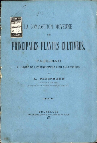 La composition moyenne des principales plantes cultivées