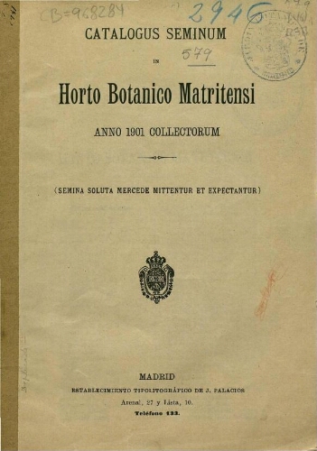 Index seminum in Horto Botanico Matritensi ... 1901
