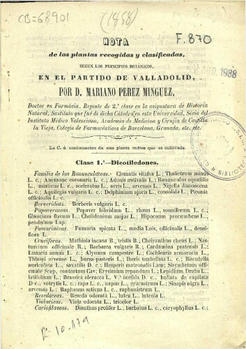Nota de las plantas recogidas y clasificadas, según los principios botánicos, en el partido de Valladolid