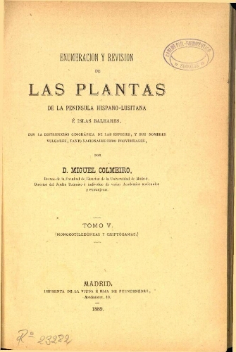 Enumeración y revisión de las plantas de la Península Hispano-Lusitana é islas Baleares [...] T. 5