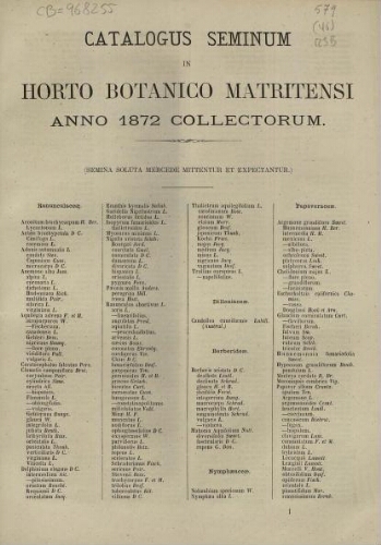 Index seminum in Horto Botanico Matritensi ... 1872